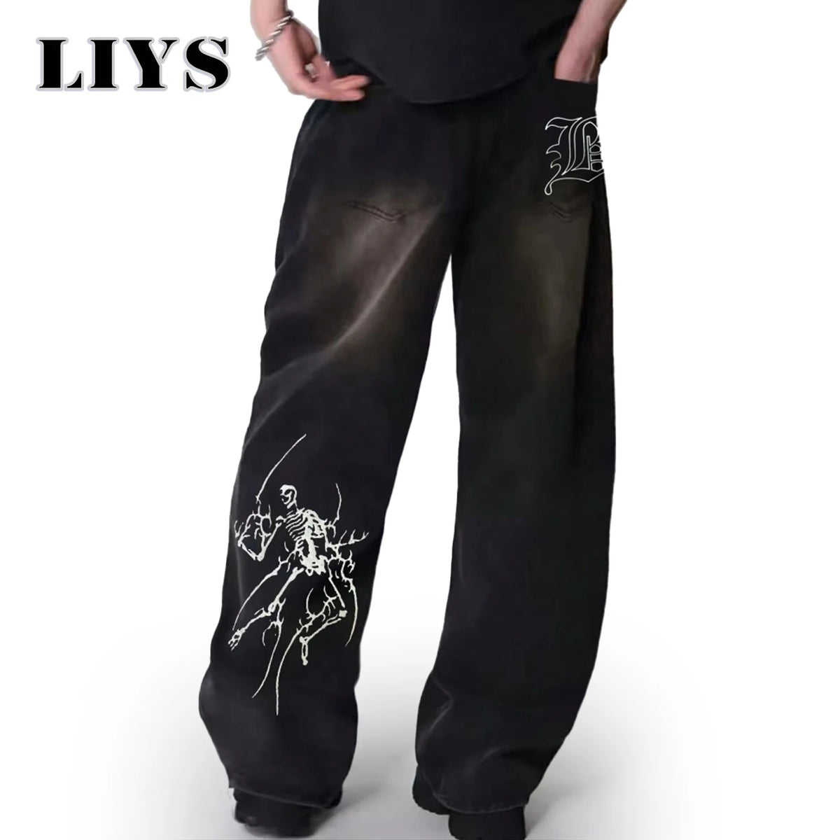 Liys Men S Hip Hop Anime Pattern Black Baggy Wide Leg Jeans American Trend Retro Gothic Woman