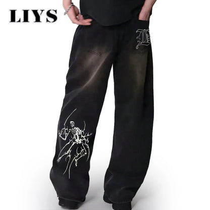 Liys Men S Hip Hop Anime Pattern Black Baggy Wide Leg Jeans American Trend Retro Gothic Woman