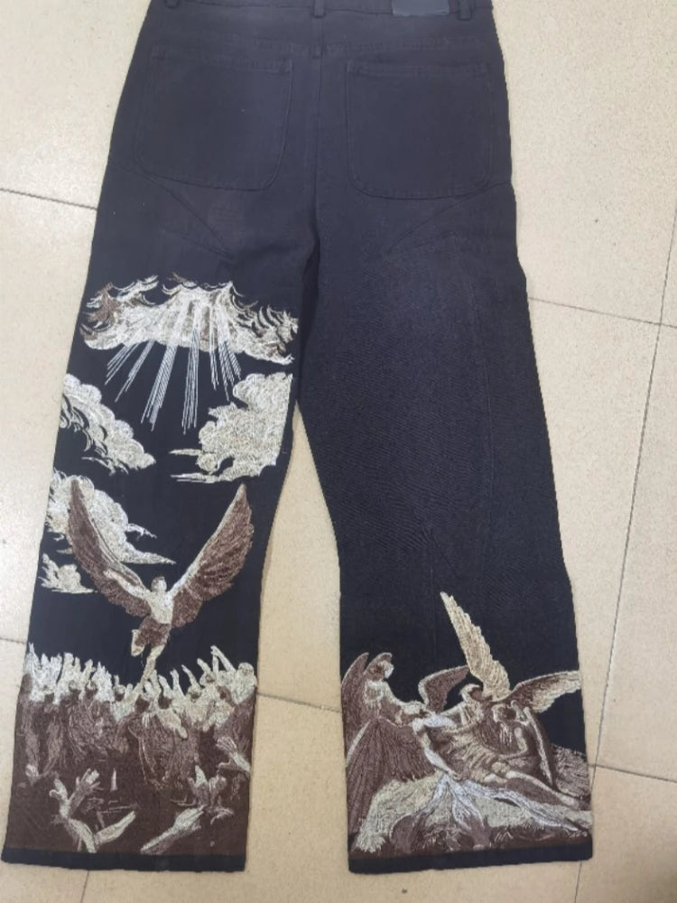Mens Jeans Harajuku Y2k Streetwear Heavy Angel Embroidery Patchwork Washed Denim Pants Straight Leg