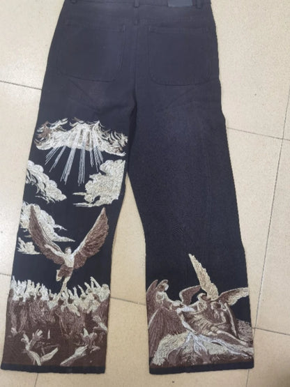 Mens Jeans Harajuku Y2k Streetwear Heavy Angel Embroidery Patchwork Washed Denim Pants Straight Leg