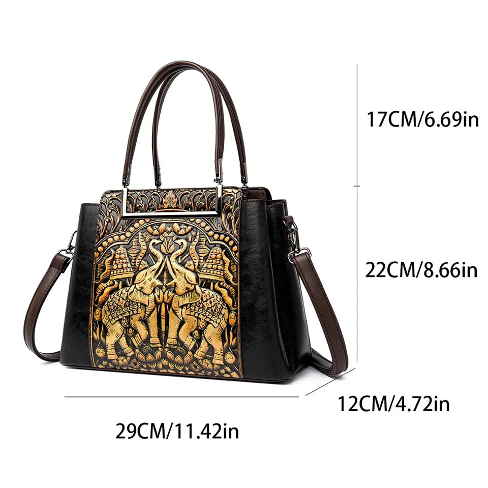 Vintage Embossed Handmade Handbag Women Versatile Pu Leather Shoulder Bag 3 Layers Large Capacity