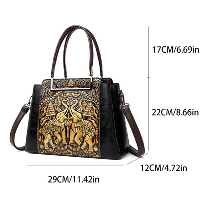 Vintage Embossed Handmade Handbag Women Versatile Pu Leather Shoulder Bag 3 Layers Large Capacity