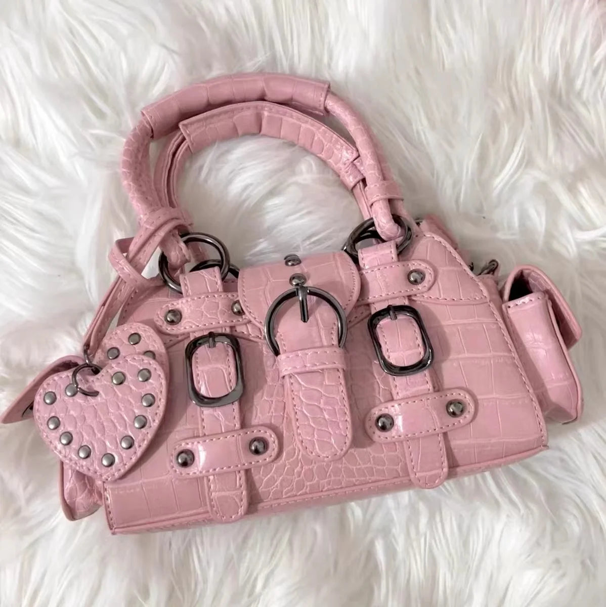 Vintage Pink Y2k Grunge Rivet Handle Crocodile Luxury Designer Bag