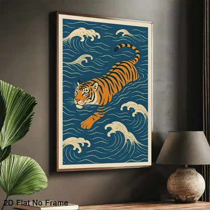 Swimming Tiger Wall Art Print – Japanese Wave Poster