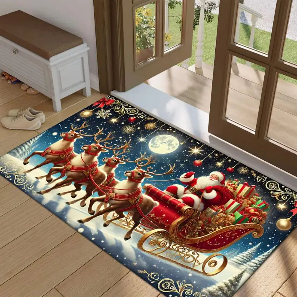 Christmas Santa Reindeer Sleigh Rug – Non-Slip Holiday Floor Mat