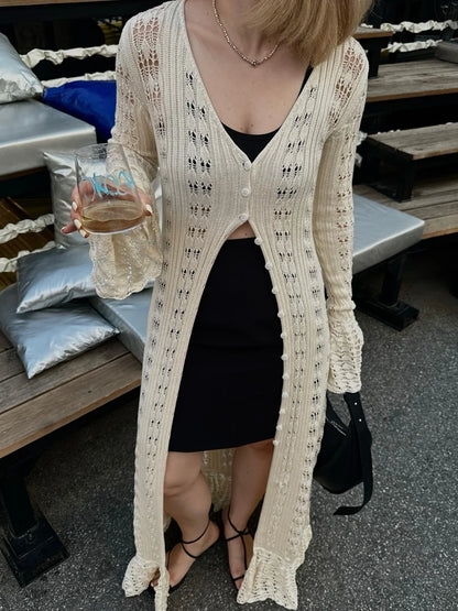 Crochet Knit Long Cardigan – Women's Flare Sleeve V-Neck Button-Up