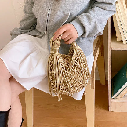 Woven Macrame Bucket Bag – Boho Tassel Handbag for Women