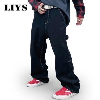 Retro Black Cargo Denim Jeans Men – Straight Leg Korean Streetwear Pants