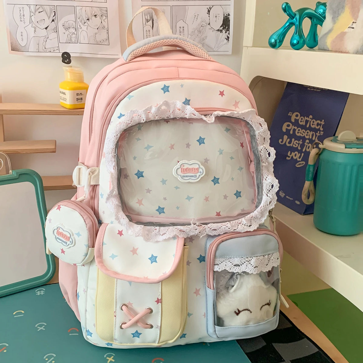 Cute Print Girls Backpack with Lace Decor – Large Capacity School Bag