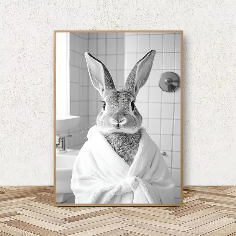 Funny Animal Bathroom Wall Art Poster – Quirky Wildlife in Bathrobe Print