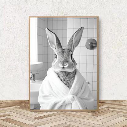 Funny Animal Bathroom Wall Art Poster – Quirky Wildlife in Bathrobe Print
