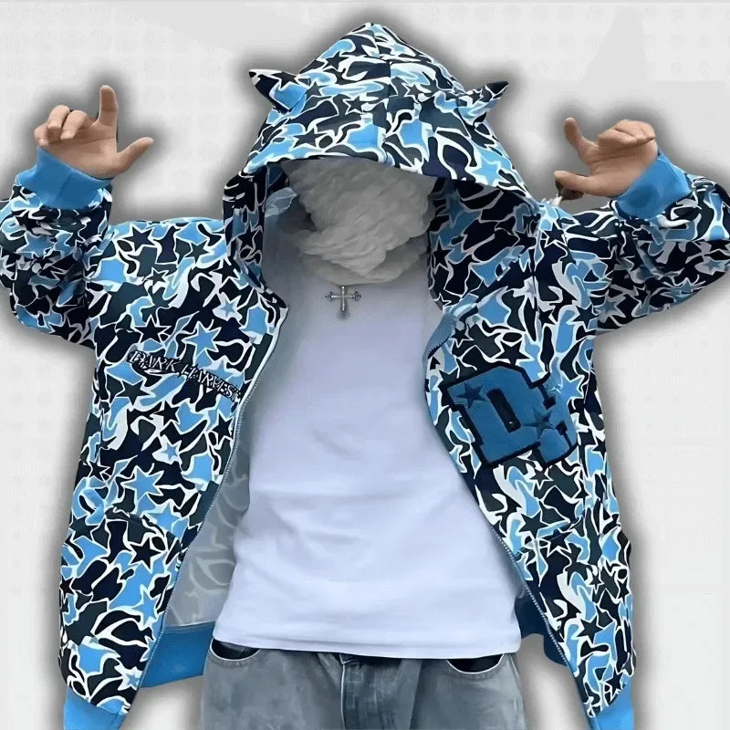 Harajuku Star Camo Full-Zip Hoodie Jacket – Unisex Streetwear