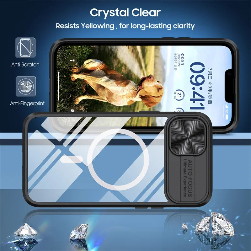 Slide Camera Lens MagSafe Case – Acrylic Wireless Charging | iPhone 7–15 Series