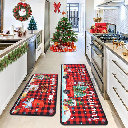 Christmas Kitchen Rug Set 2-Piece – Red Buffalo Plaid Holiday Mat