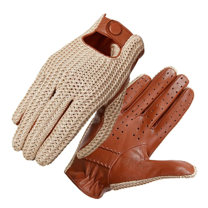 Men's Leather & Knit Touchscreen Driving Equestrian Gloves