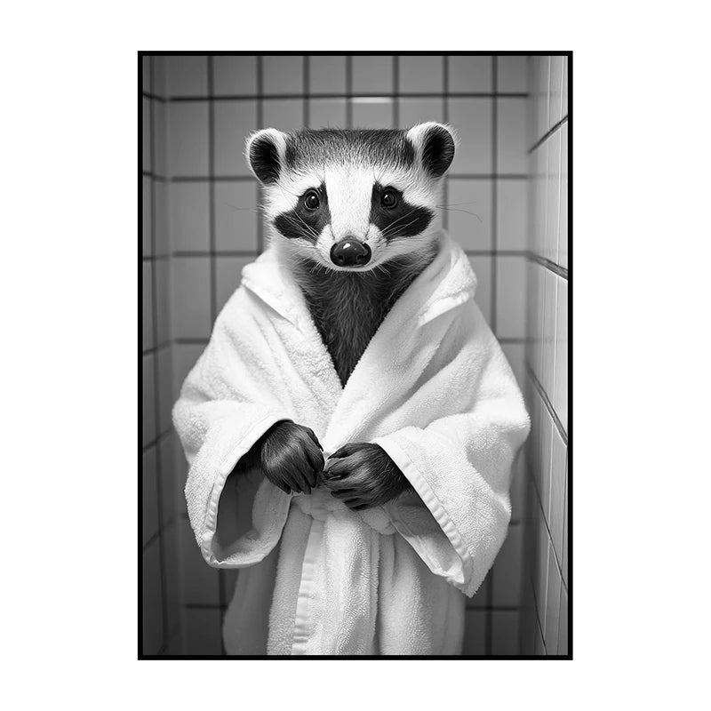 Funny Animal Bathroom Wall Art Poster – Quirky Wildlife in Bathrobe Print