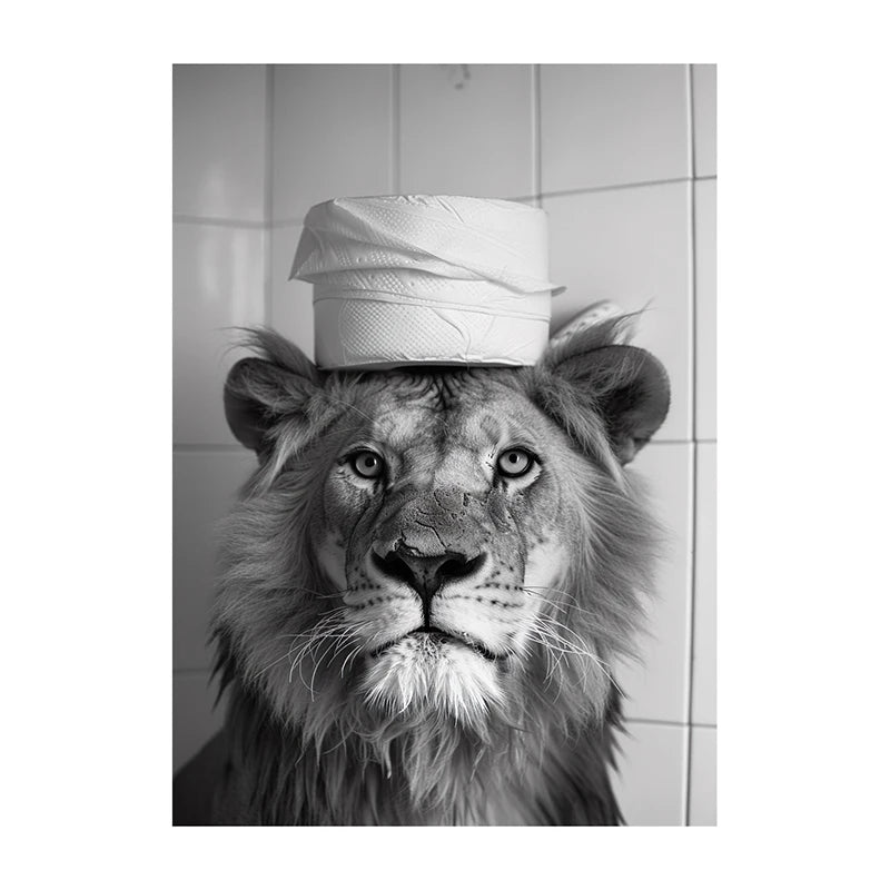 Funny Bathroom Wall Art Poster – Black & White Animal Toilet Paper Print