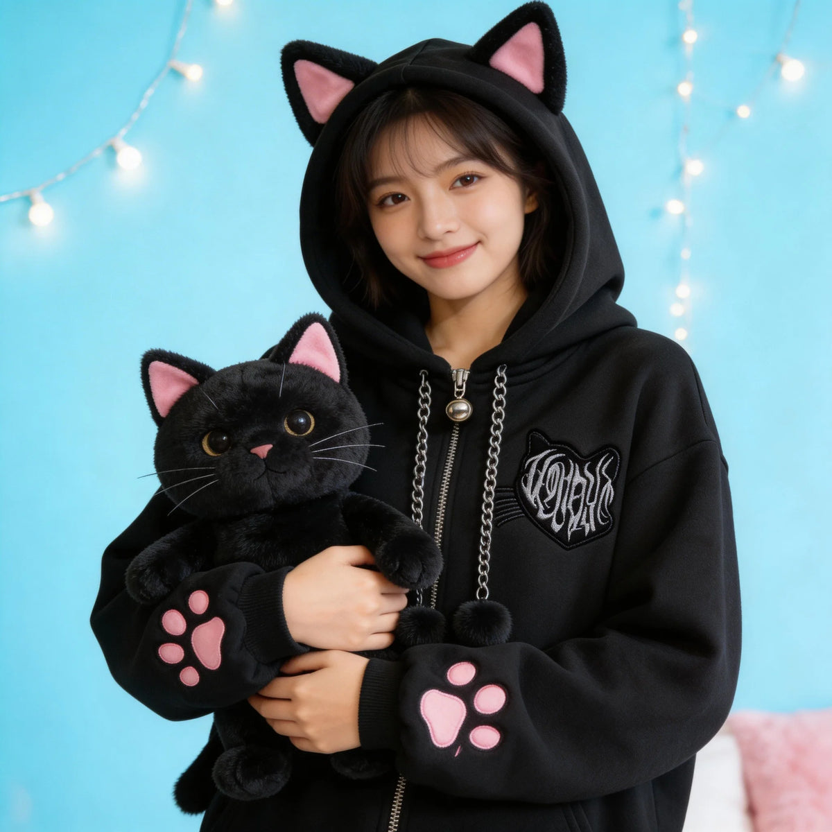 Cat Ear Velvet Hoodie – Women's Y2K Goth Zip-Up Coat