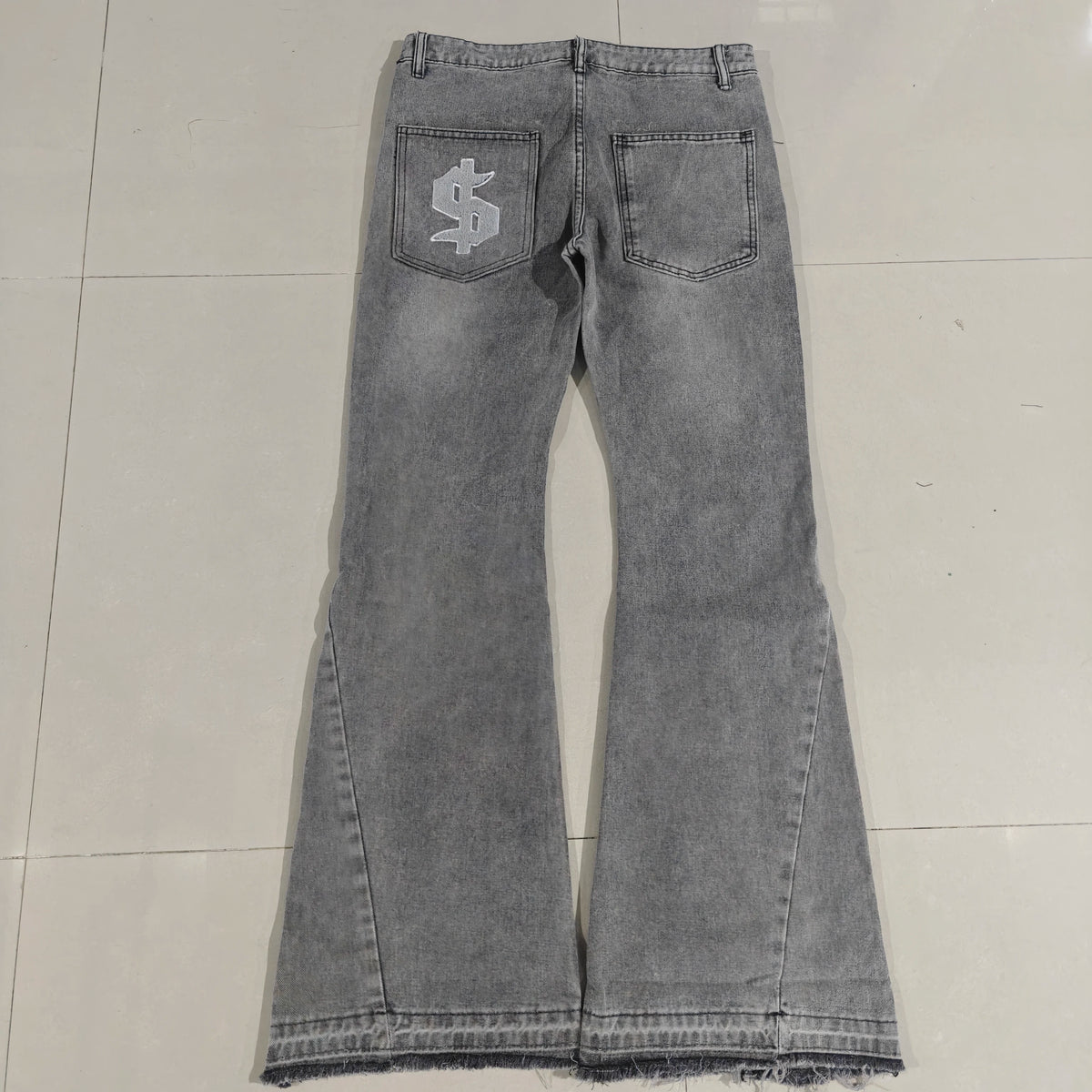 Baggy Flare Jeans with Dollar Sign Embroidery – Y2K Wide Leg Denim