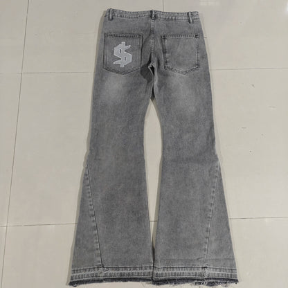 Baggy Flare Jeans with Dollar Sign Embroidery – Y2K Wide Leg Denim