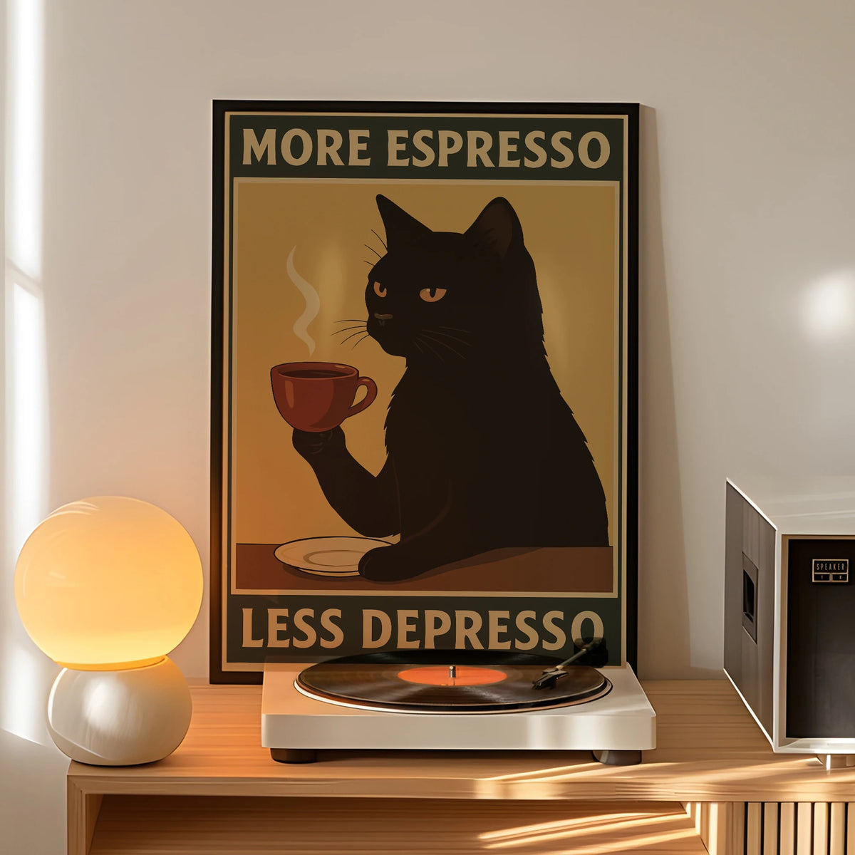 More Espresso Less Depresso Black Cat Wall Art Print