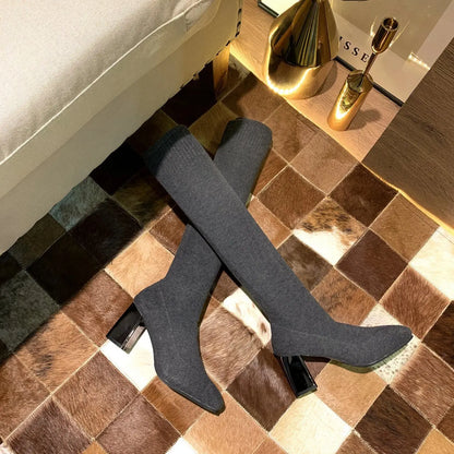 Women's Over-the-Knee Knit Boots – Elastic Block Heel