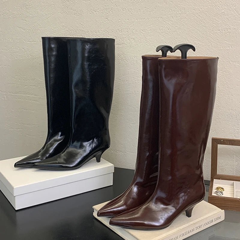 Women's Pointed Toe Kitten Heel Knee-High Boots