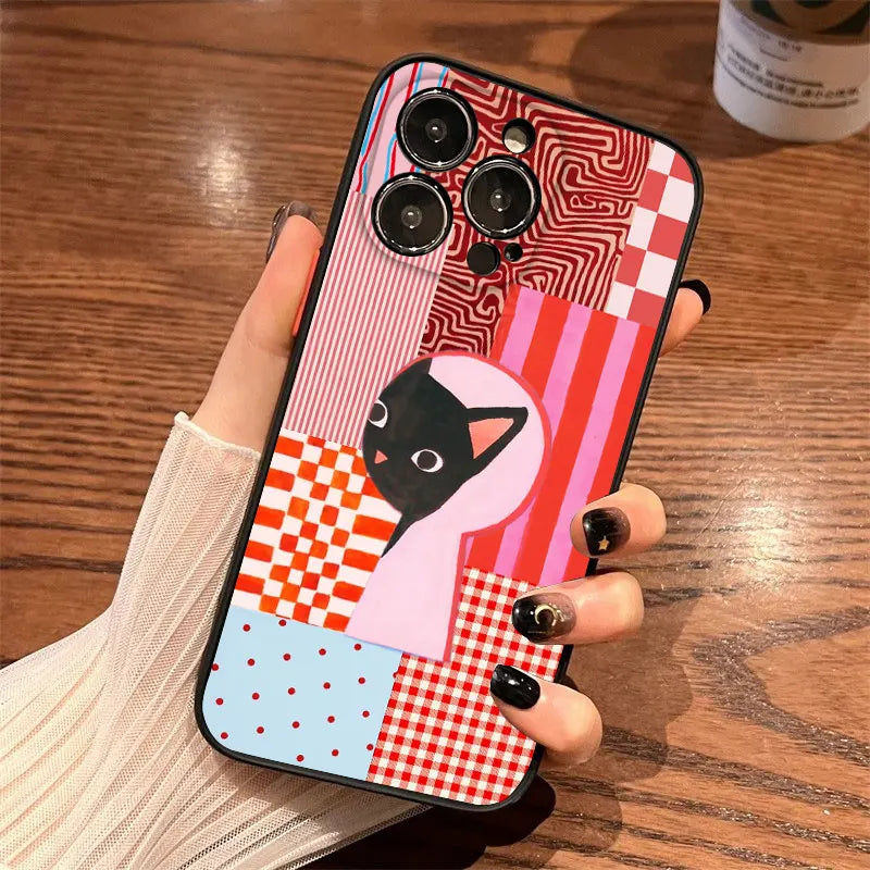 Black Cat Striped Pattern iPhone Case for iPhone 11–17 Series