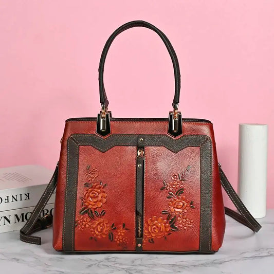 Vintage Floral Genuine Leather Handbag for Women