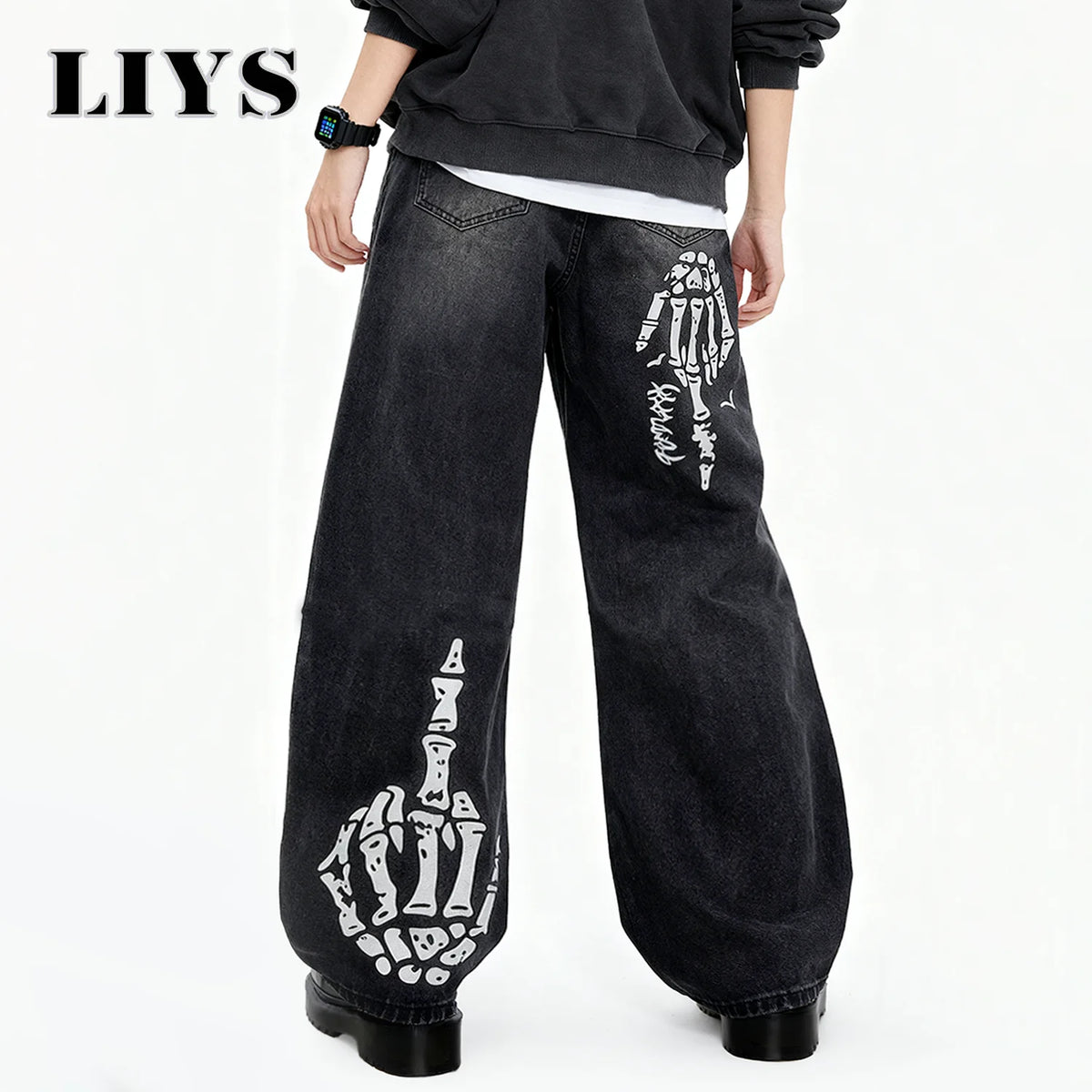 Men S Black Skull Finger Print Baggy Wide Leg Jeans Spring Summer Loose Straight Denim Pants Women