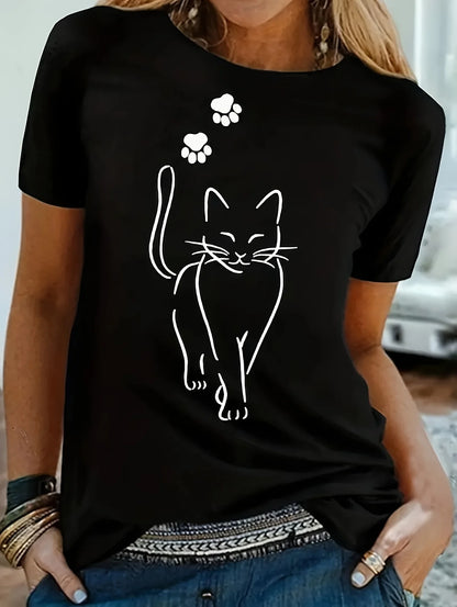 Cat Print Women's T-Shirt – Casual Short Sleeve Crew Neck Top