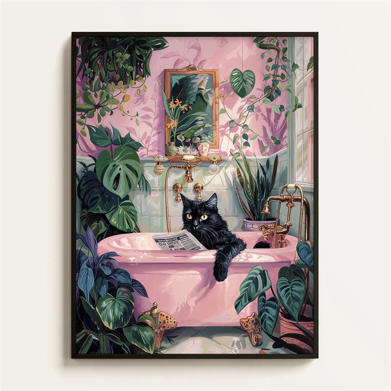 Black Cat Reading Newspaper Bathroom Poster – Funny Wall Art Print