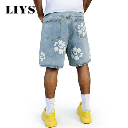 Flower Print Wide Leg Jeans – Men's Y2K Casual Bermuda