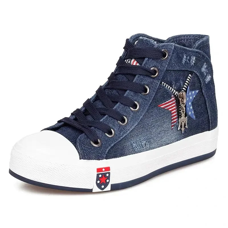 Women's High Top Denim Canvas Sneakers – Skull Zipper Lace-Up Casual Shoes
