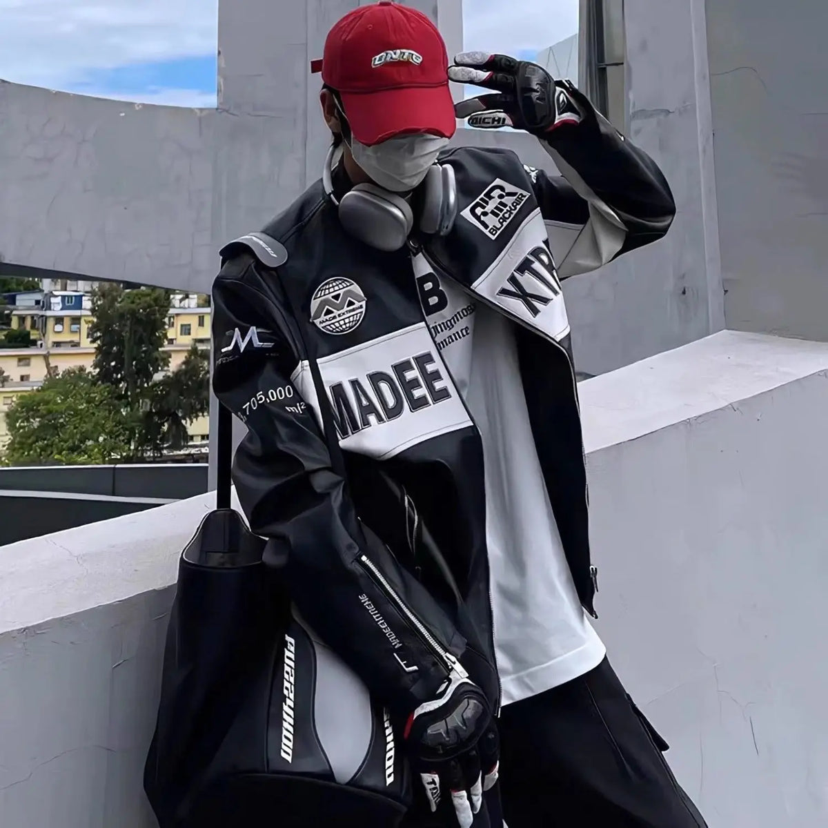 Color Block Motorcycle Leather Jacket – Retro Embroidered Biker Coat