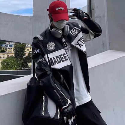 Color Block Motorcycle Leather Jacket – Retro Embroidered Biker Coat