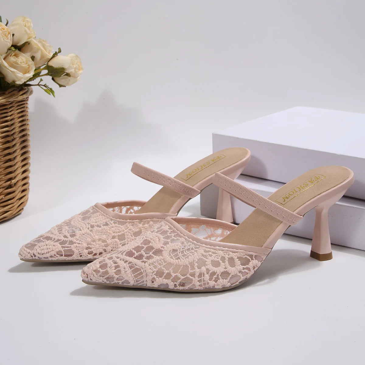 Lace Pointed Toe Mule Heels – Women's Stiletto Slingback Shoes