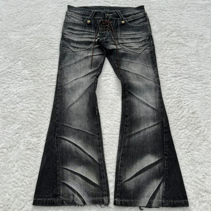 Claw Mark Flare Jeans – Y2K Gothic Lace-Up Double Waist Distressed Denim