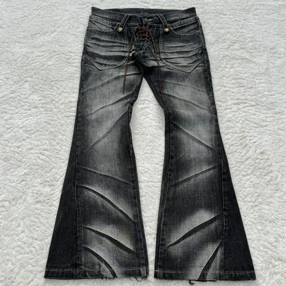 Claw Mark Flare Jeans – Y2K Gothic Lace-Up Double Waist Distressed Denim