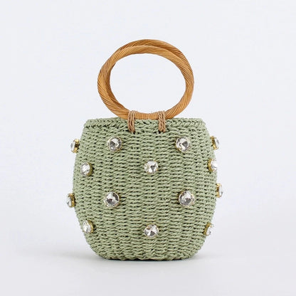 Rattan Straw Bucket Bag – Bohemian Handmade Pearl Shoulder Bag