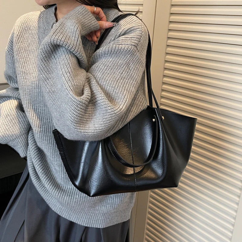 Women's Soft Leather Tote Bag Large Capacity Single Shoulder Handbag