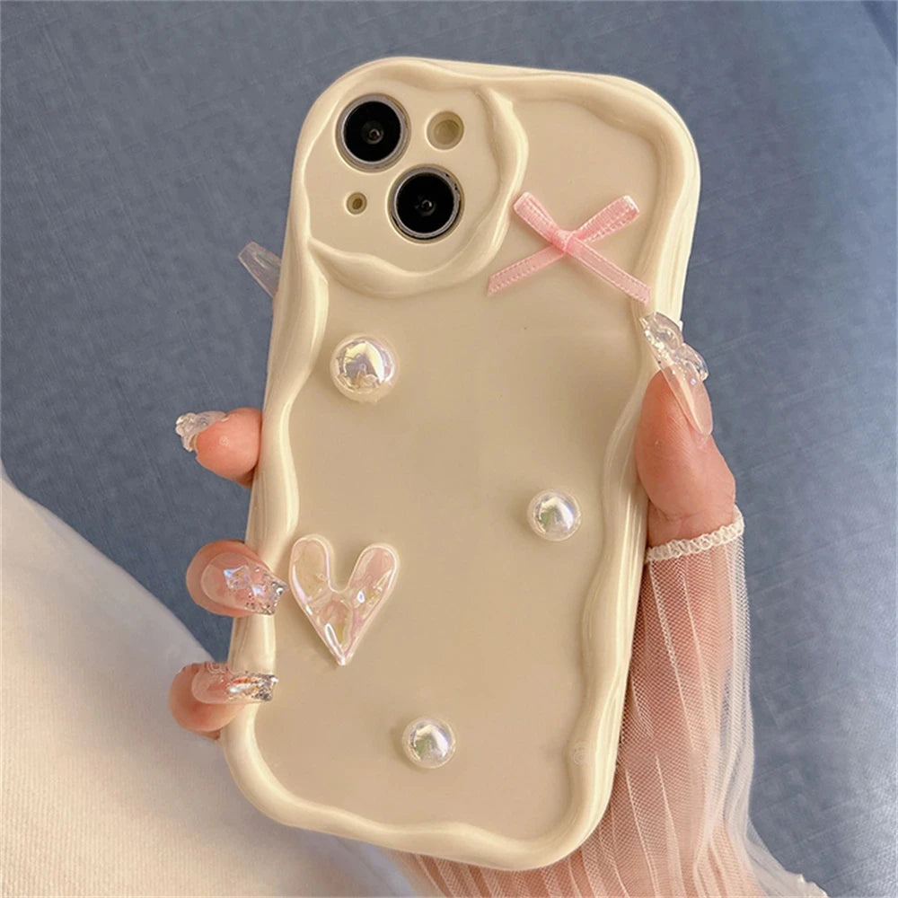 Cute Pearl Heart Bow Wave iPhone Case – Korean Aesthetic