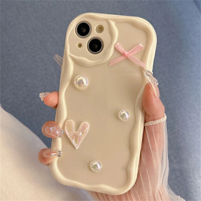 Cute Pearl Heart Bow Wave iPhone Case – Korean Aesthetic