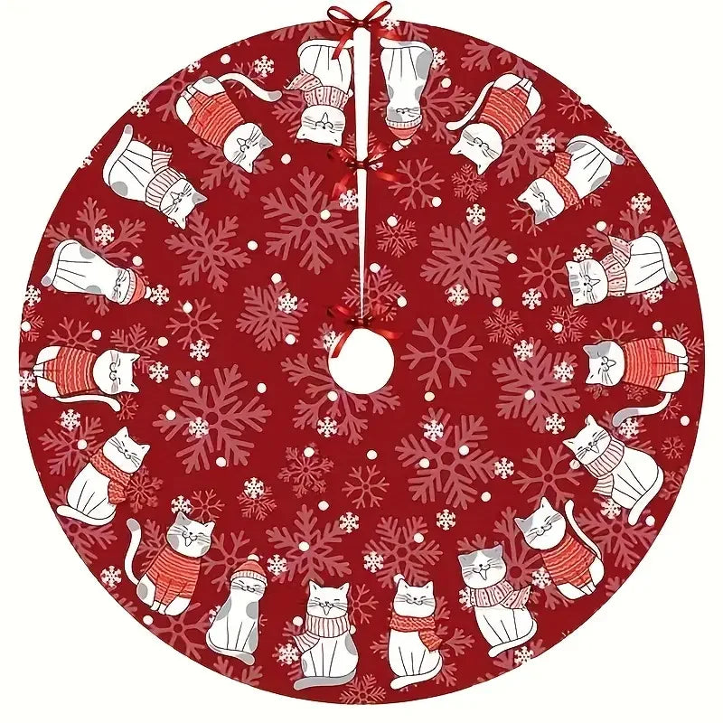 Christmas Tree Skirt – Snowflake Cat Pattern Holiday Decor
