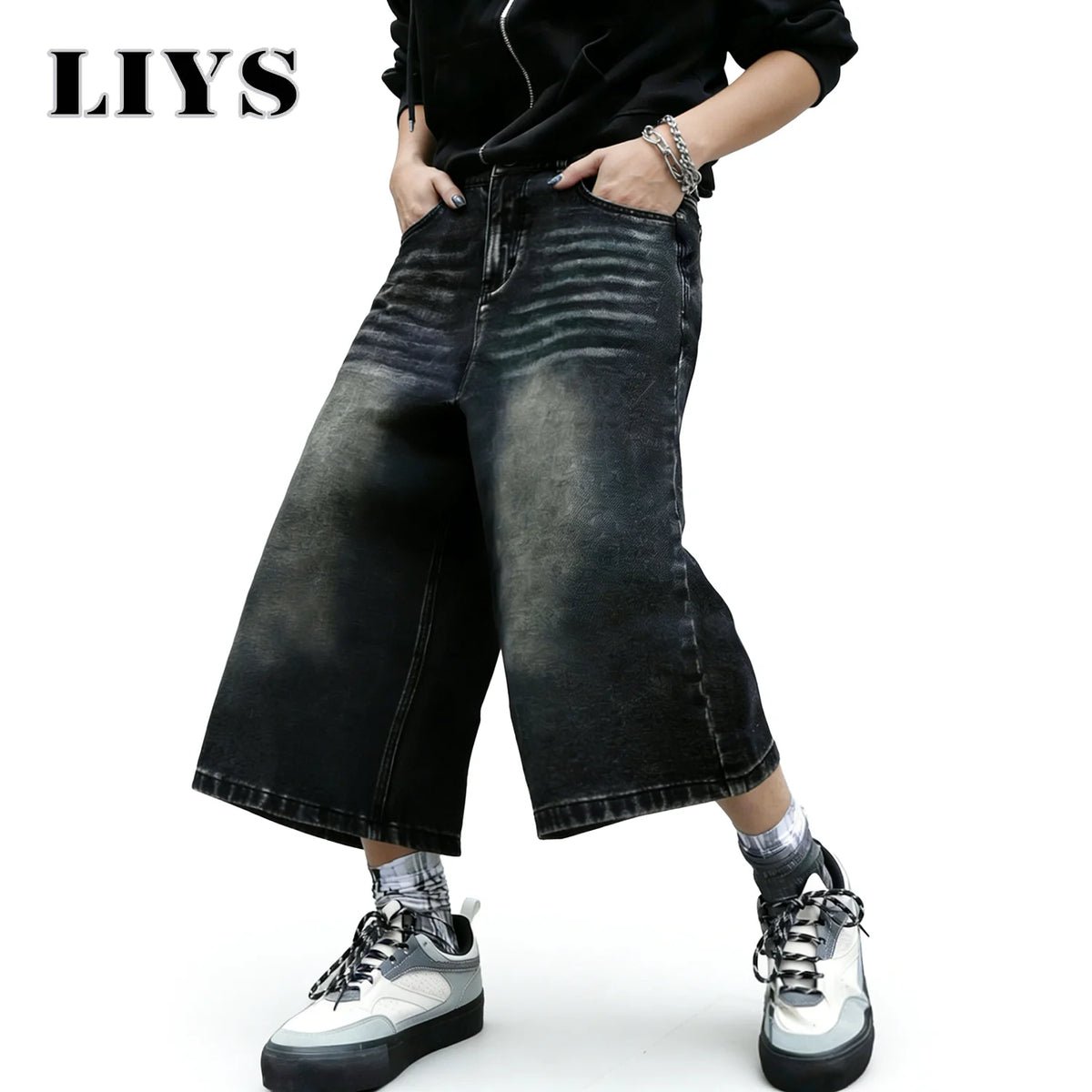 LIYS Baggy Wide Leg Denim Shorts for Men – Black Washed Streetwear