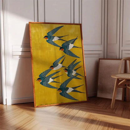 Japanese Swallow Birds Wall Art Poster – Yellow & Teal Canvas Print