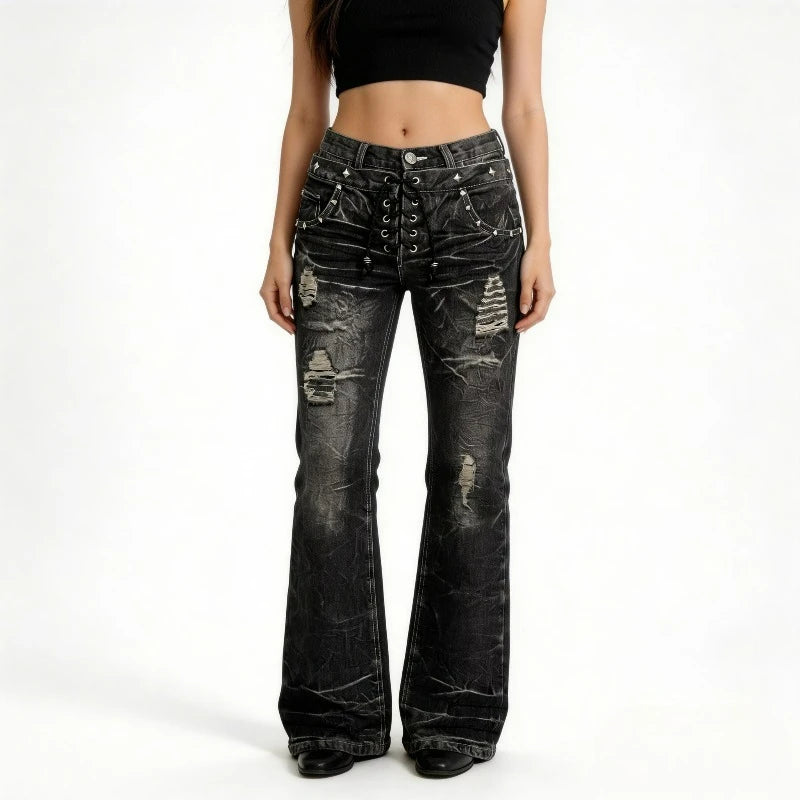 Y2K Gothic Washed Flare Jeans – Lace-Up Double Waist Unisex