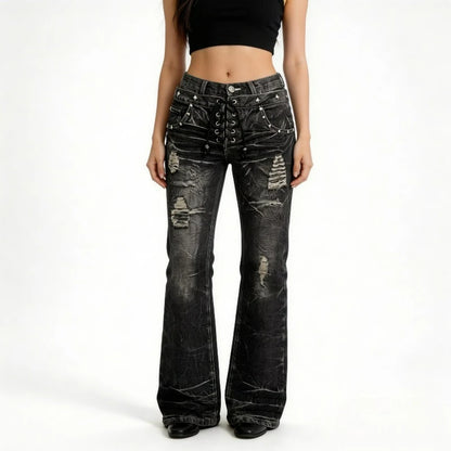 Y2K Gothic Washed Flare Jeans – Lace-Up Double Waist Unisex