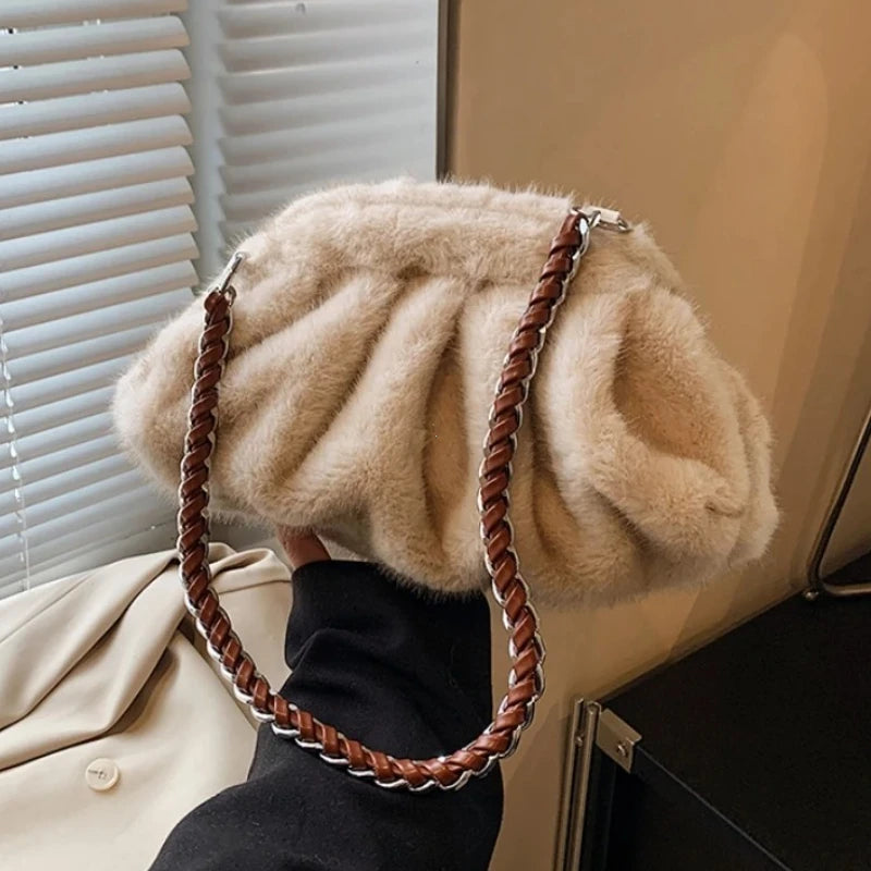 Pleated Design Faux Fur Shoulder Bags