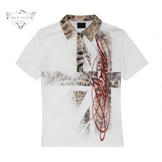 Y2K Polo Shirt Men Union Jack Leopard Print Glitter Harajuku Streetwear